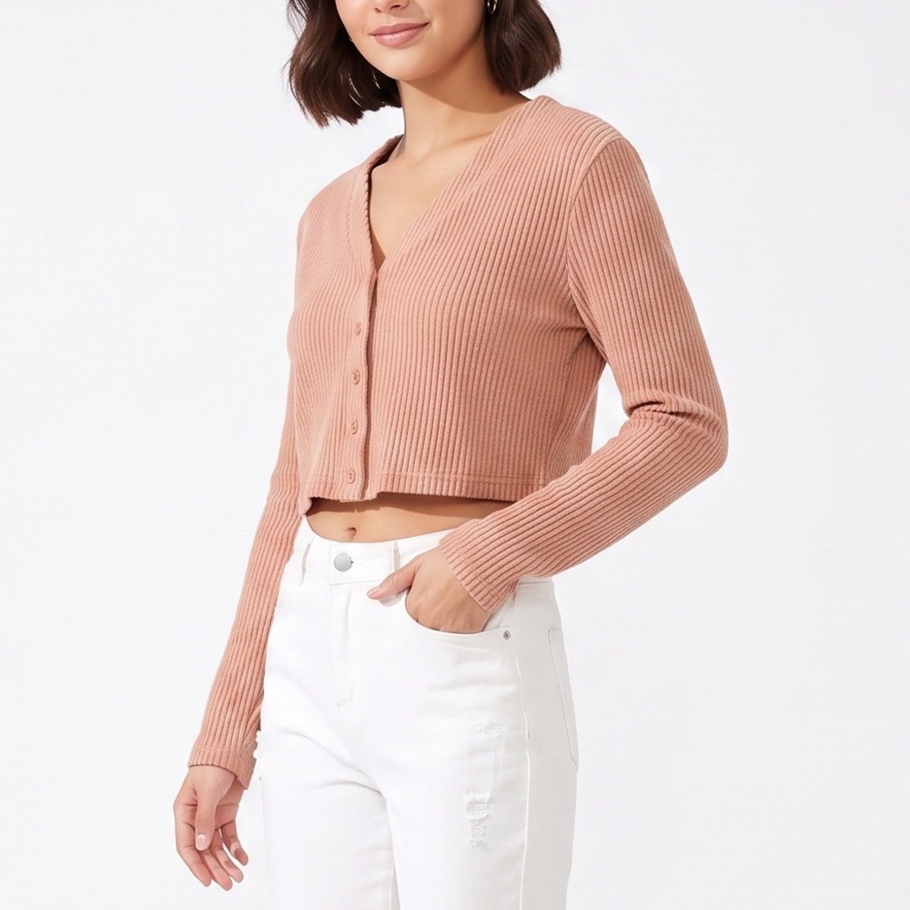 SHEIN Cardigan Womens 12 Terracotta Ribbed Cropped V-Neck Excellent
